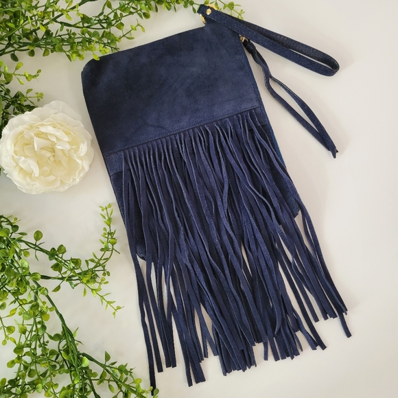 Banana Republic navy blue Italian suede leather fringe pouch - Picture 7 of 11